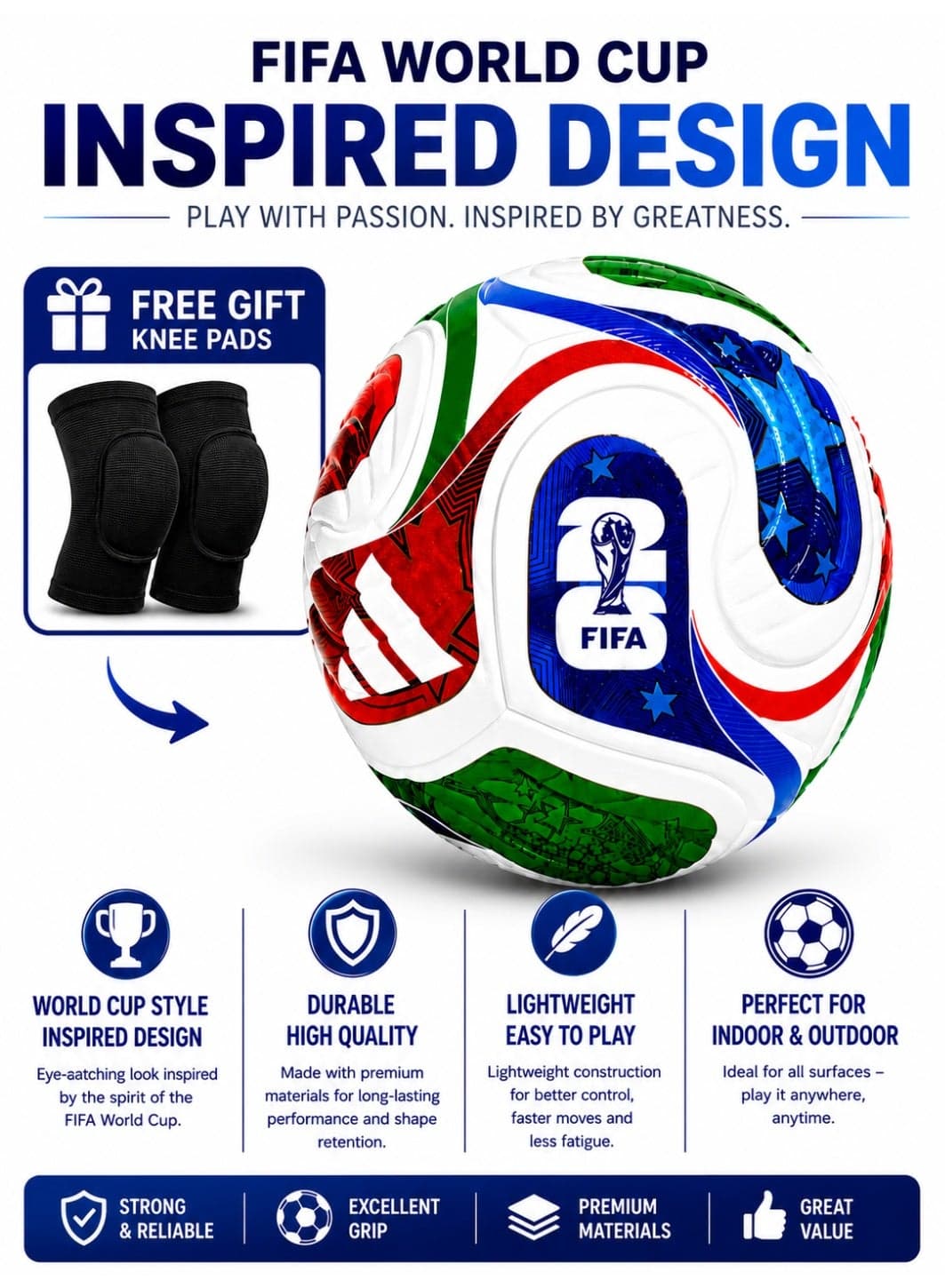 World Cup -2026 Professional Size 5 Football – Durable Match Style Soccer Ball for Training, Indoor & Outdoor Play, Strong Grip & Control Football for Kids & Adults