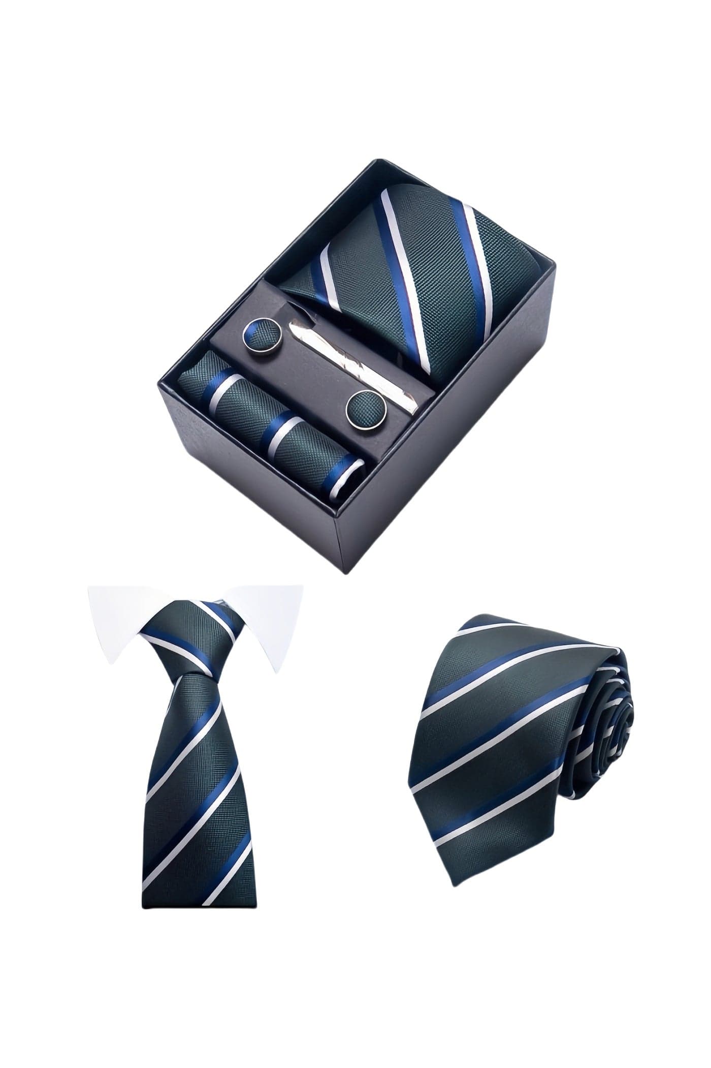 Fashionable Stripes Necktie Suit Gift Box Set, Formal Tie Set for Men(Tie, Pocket Square, Cufflinks, Tie Clip Set )-Modern Style