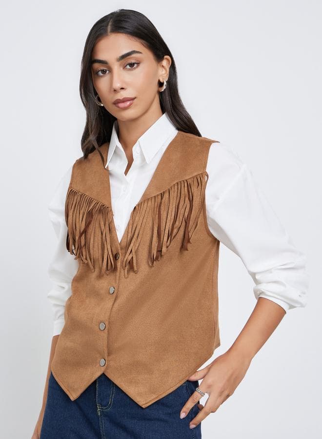 Tan Suede Look Fringe Vest