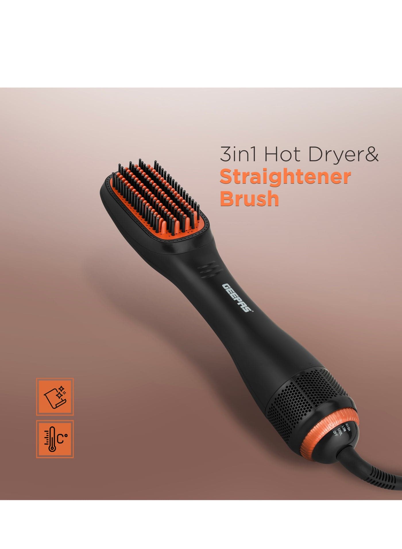 3 in 1 Hot Dryer and Straightener Brush -GH86062 , 2 Speed and 2 Heat Setting, In Built Comb with PTC Heating, Perfect for Salon and At Home Styling with a Hang Up Hook, PTC Heater, DC Motor