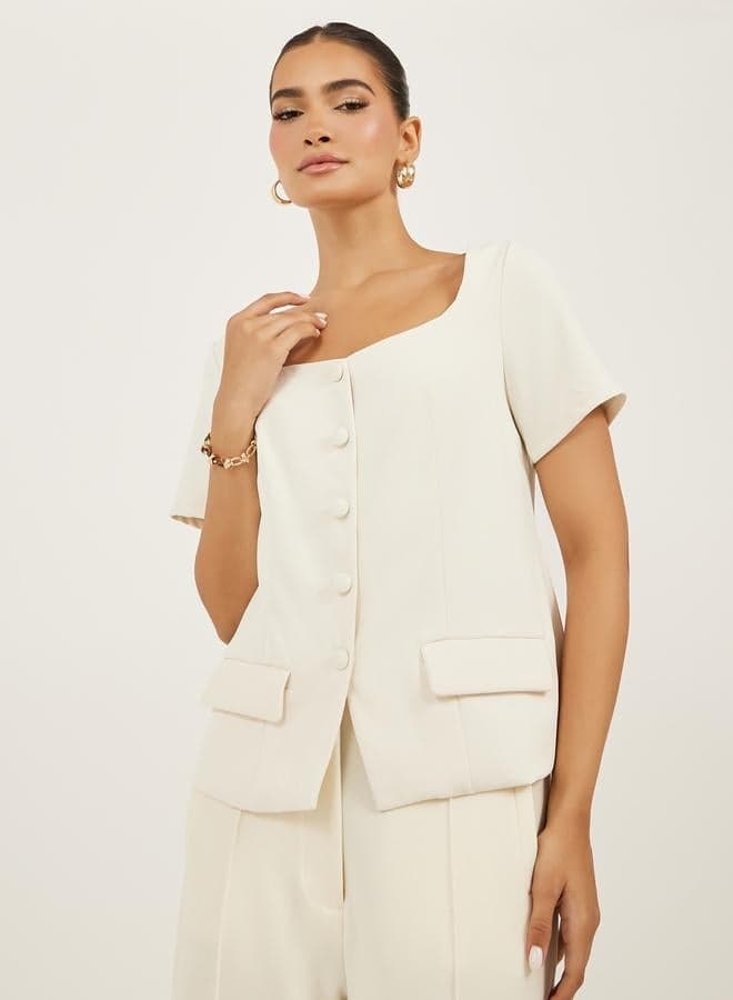 Plain Square Neck Tailored Top With Pocket Detail