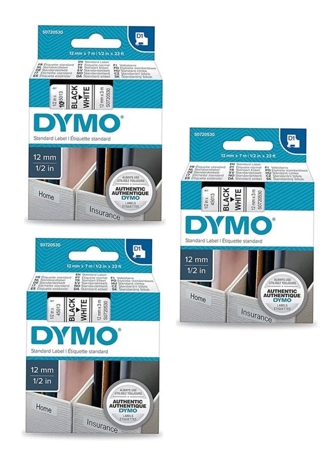 Dymo D1 Label Tape 45013S S0720530S Black On White 12mm X 3M, Refills for Label Manager 160 280 PnP 360D and LabelWriter 450 Duo (3-Pieces)