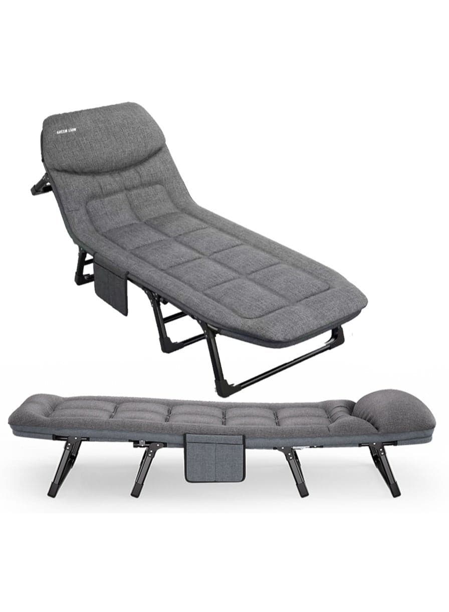 Foldable Camping Bed with Comfortable Pillow and Storage Pockets, High-Quality Material, Adjustable Backrest, 150 kg Load, Easy to Carry, Outdoor, Travel - Grey