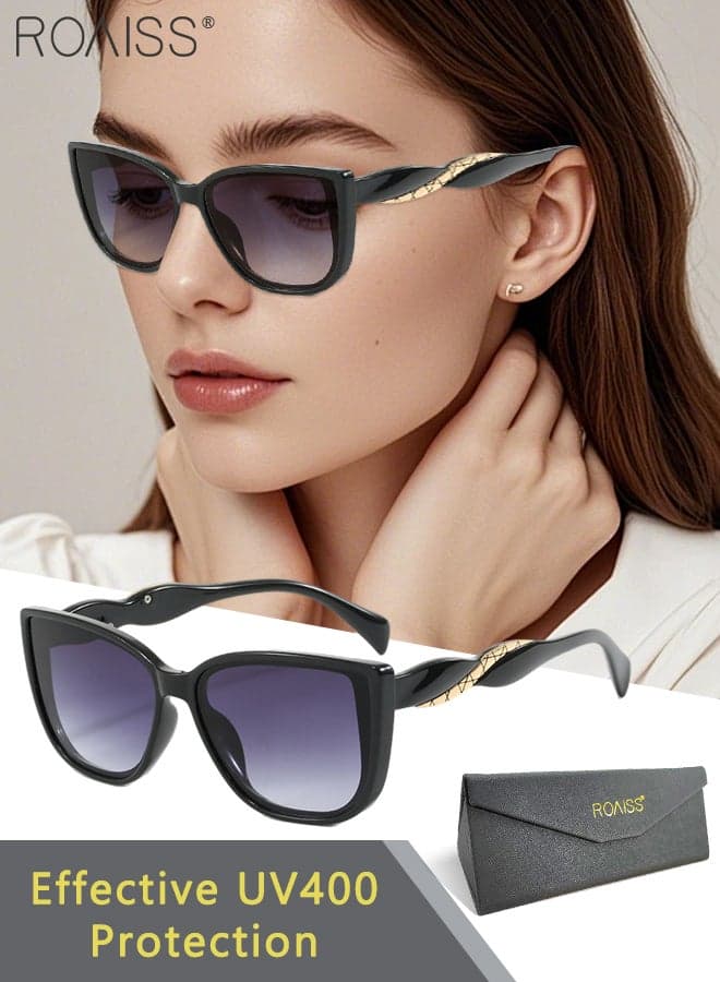 Cat Eye Sunglasses for Men Women, UV400 Protection Sun Glasses with Unique Temples, Fashion Anti-Glare Sun Shades for Men Driving, Fishing, Traveling, Black, 60mm