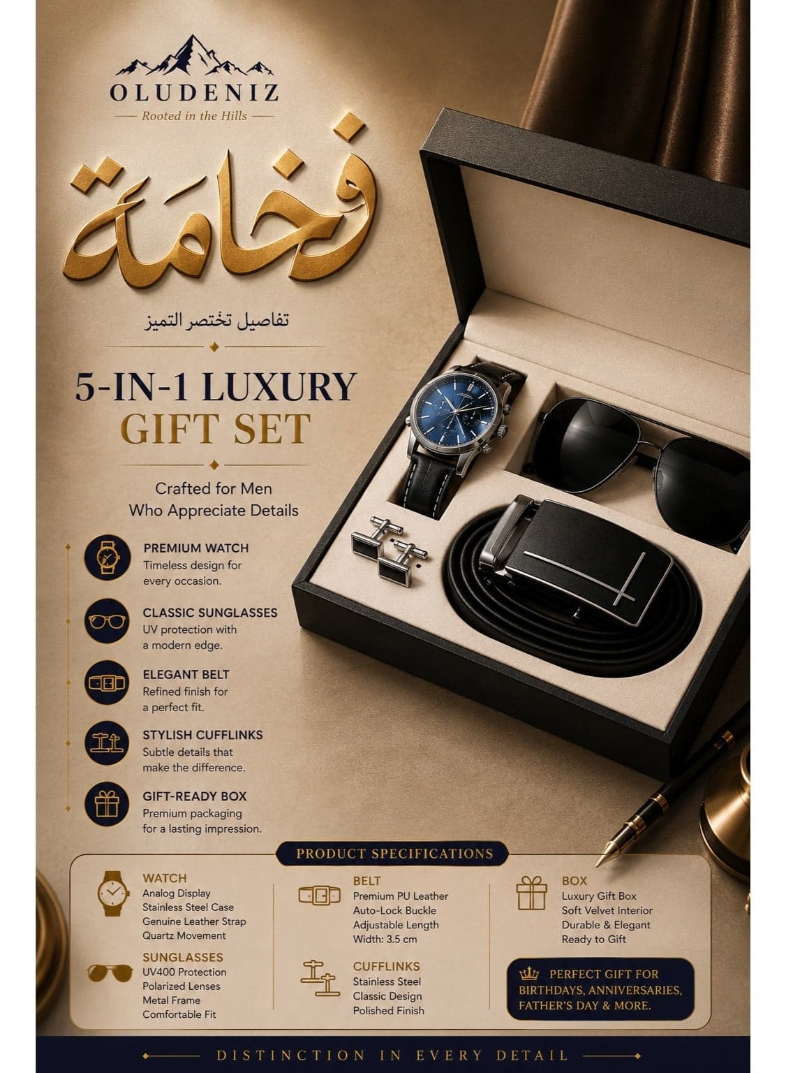 Men's 5-in-1 Luxury Gift Set Watch, Belt, Sunglasses, Cufflinks & Buckle – Premium Business Accessories in Elegant Box