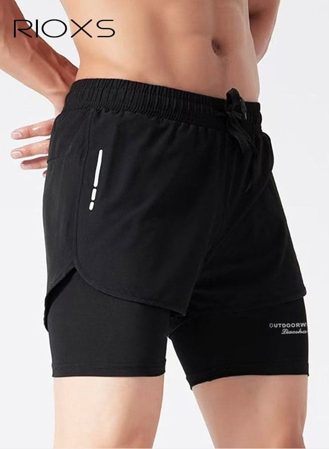 Men's 2-in-1 Gym Shorts, 7 inch Quick Dry Drawstring Shorts, Comfy Breathable Swim Trunks, Mens Beach Trunks with Mesh Lining, Dual-layer Swim Shorts with Side Pockets, Stretch Athletic Workout Shorts For Men, Fitness Running Training Surfing Shorts- Solid Black Football Shorts