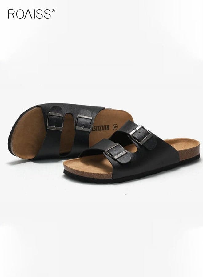 Open Toe Slippers for Men, Daily Commuting Beach Casual Cork Sole Adjustable Slippers, Fashionable and Versatile Flat Slipper, Soft Double Breasted Lightweight for Summer Vacation, Black
