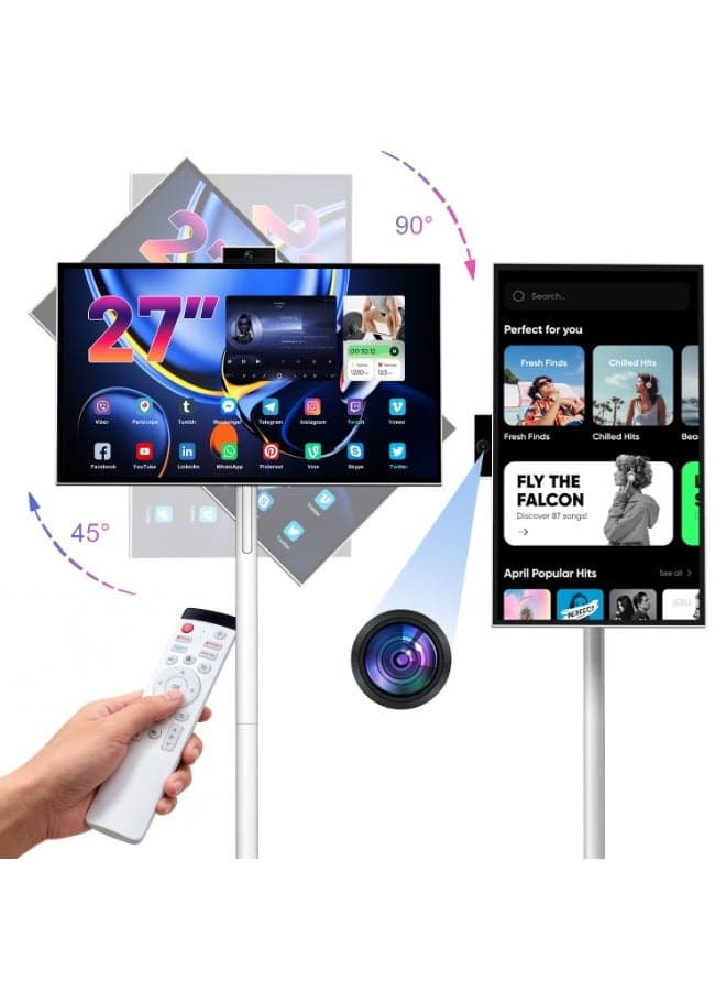 27" Portable Smart TV with Android 15, 1080P Movable Touch Screen Monitor, EDLA-Certified, 6GB +128GB, 27,000mAh Battery, Rotatable Screen & Adjustable Height, Wireless Casting, Voice Remote Control