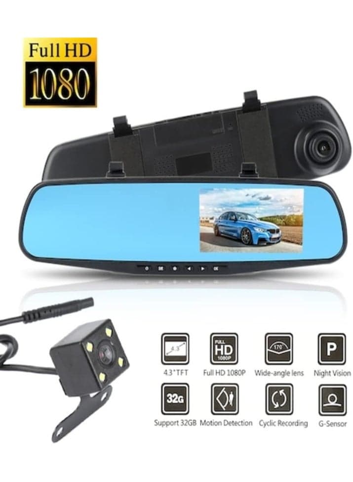 Vehicle Blackbox DVR Car Mirror Camera 1080P Dual Dash Camera Front & Rear View Camera HD Video Recorder 170° Wide Angle Support Night Vision G-Sensor Loop Recording Camera