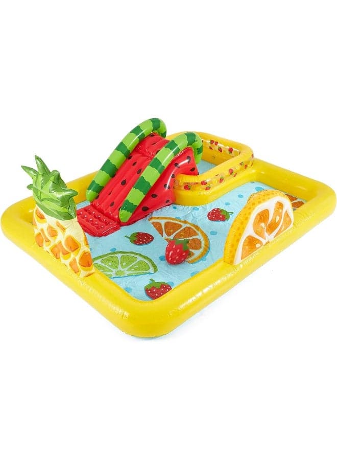 Fun ‘n Fruity Inflatable Play Centre - 244 x 191 x 91 cm Kids' Double Pool with Slide, Sprinkler & Games (Ages 2+), Unisex