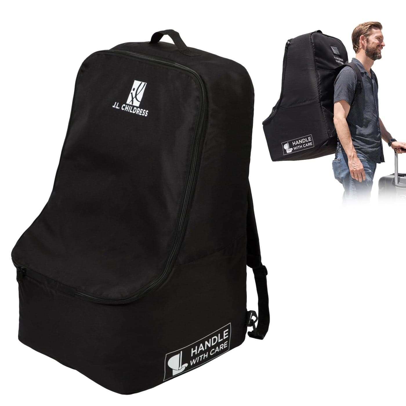 JL Childress Padded Backpack Car Seat Bag Travel Bag for Airplane Fits Most Baby Infant Car Seats Boosters Carriers Accessories for Gate or Baggage Check AirTag Compatible Deluxe Black