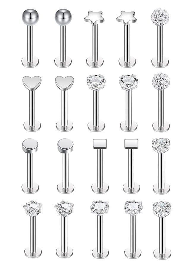 20 Pcs 16G Stainless Steel Labret Studs Lip Rings for Men Women 3mm CZ Nose Studs Cartilage Earrings Tragus Helix Piercing Jewelry 8mm Bar Length