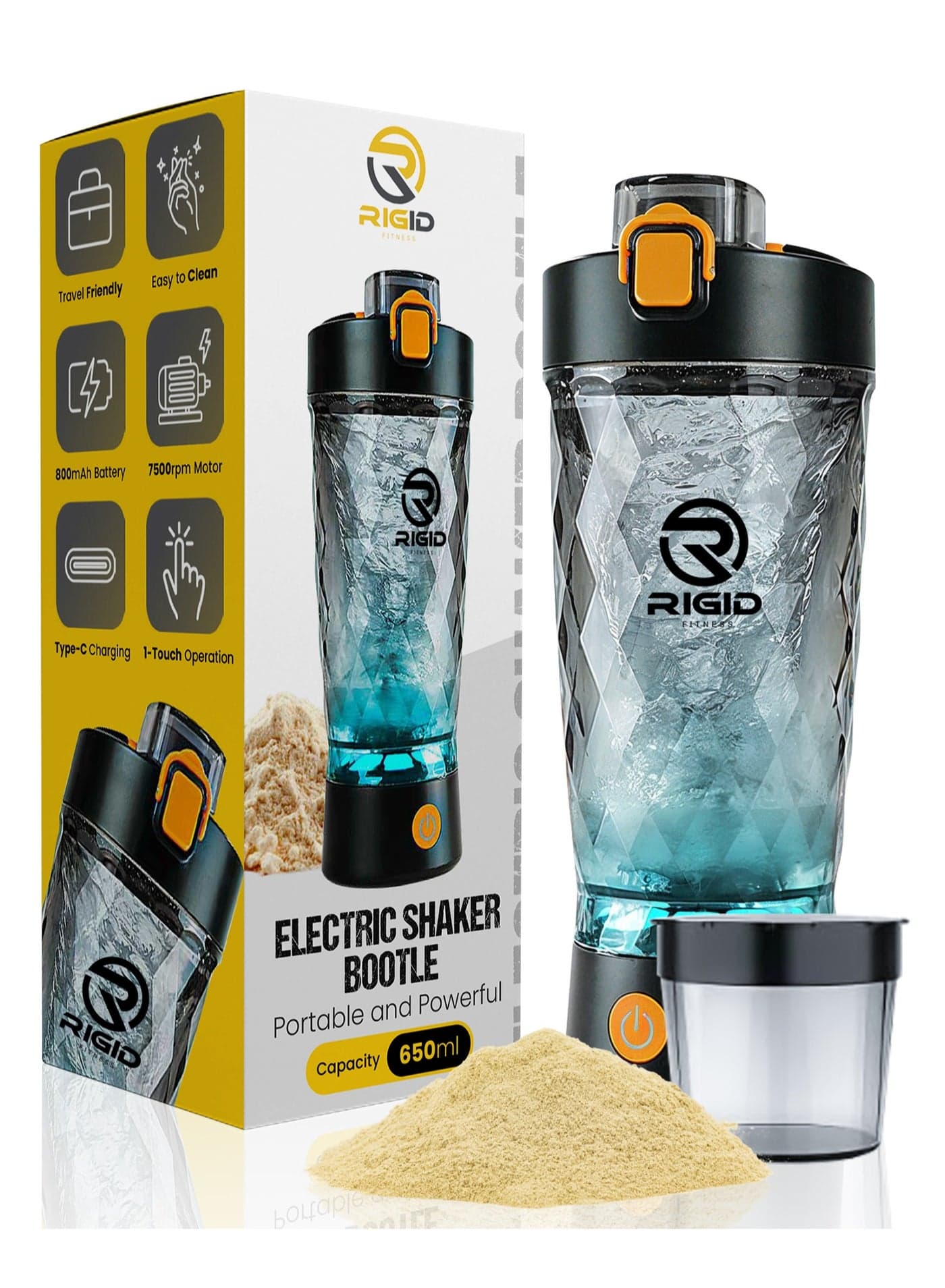 Electric Protein Shaker Bottle - USB Rechargeable Cup with Powder Compartment - Powerful Mixer Suitable for Protein Mixes & Shakes - Made of Tritan Safe Material (BPA Free) - 22oz/650ml