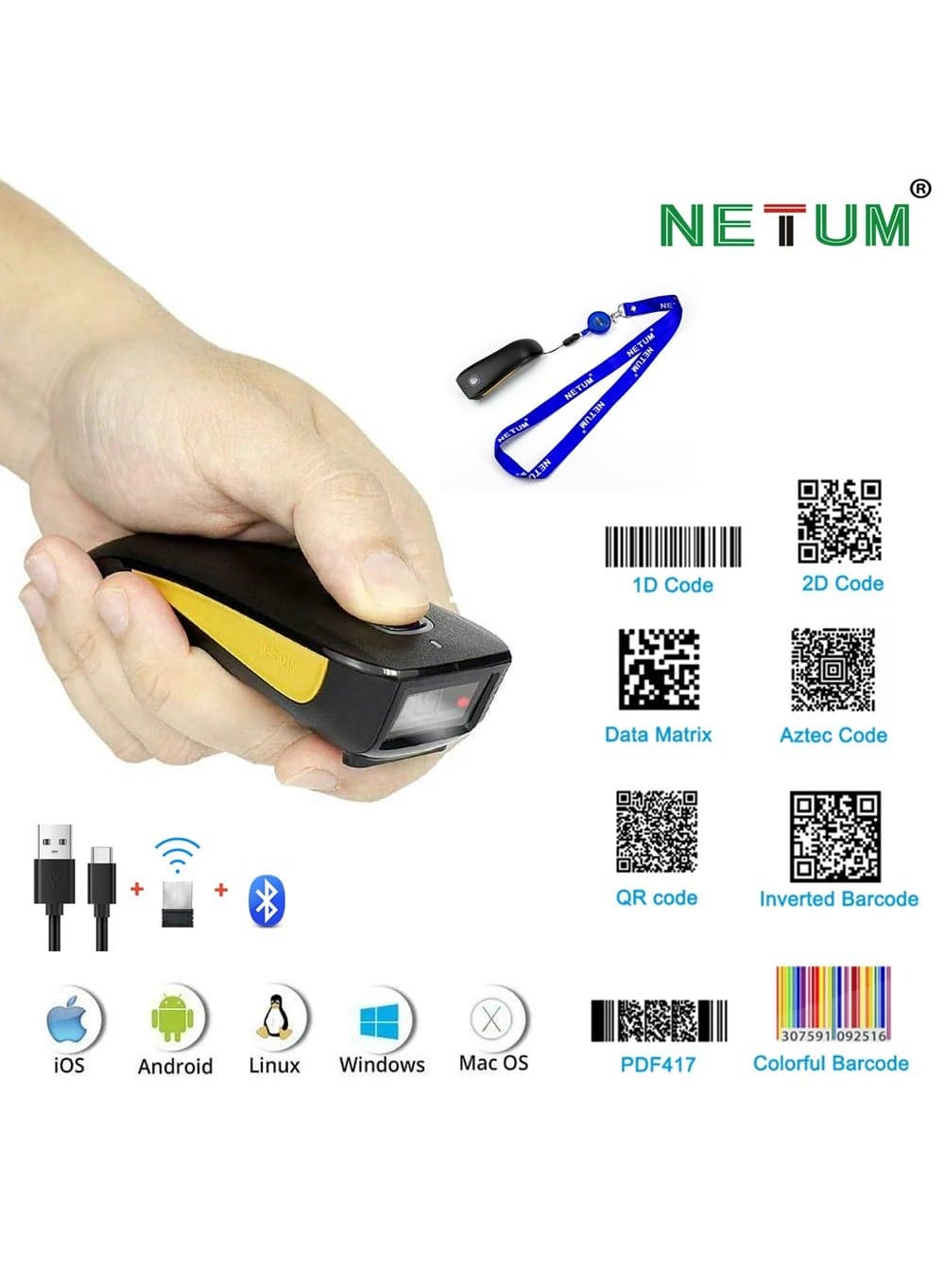NETUM 1D 2D QR Code Scanner, Mini Barcode Scanner Bluetooth Compatible, Small Portable USB Bar Code Scanner for Inventory, 2.4G Cordless Image Reader for Tablet iPhone iPad Android iOS PC POS