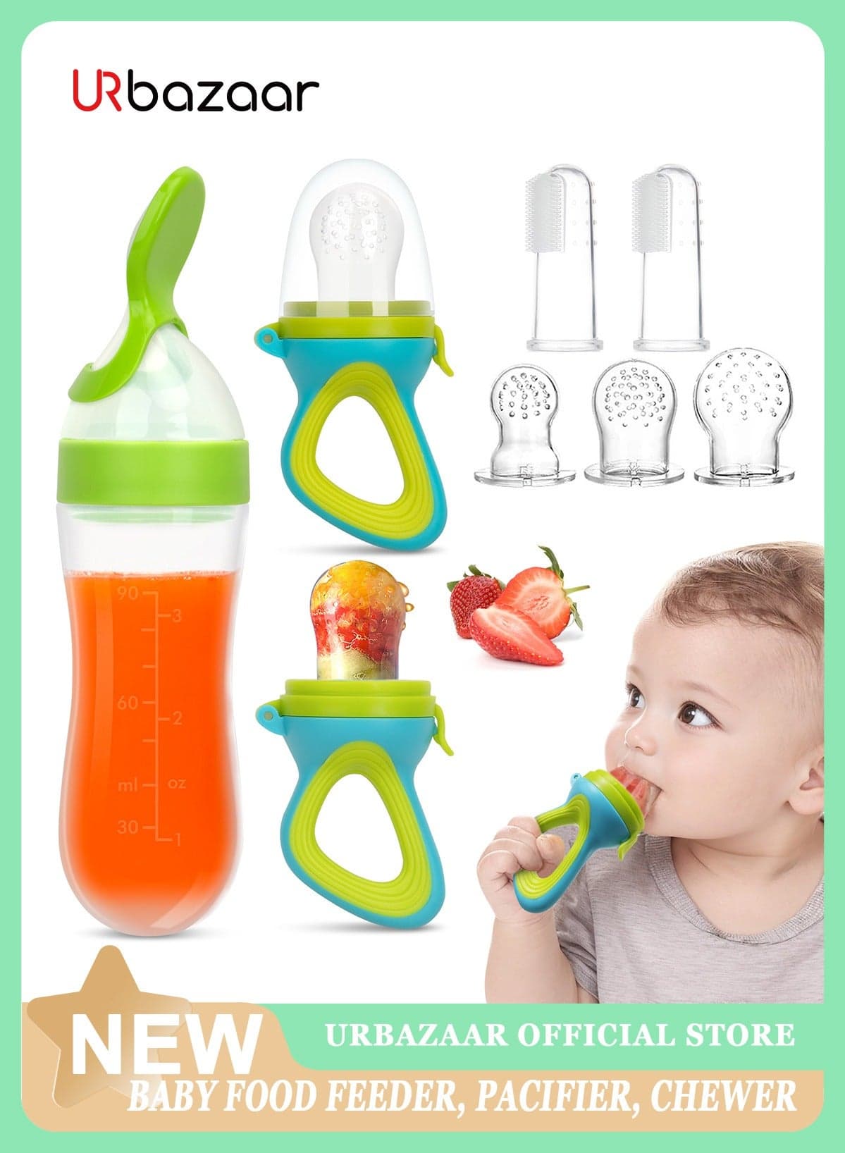 2 Pack Baby Fruit Feeder with 3 Sizes BPA-Free Silicone Pouches | Travel-Friendly Food Dispenser | Includes 2 Toothbrushes + 1 Spoon for Toddlers & Infants