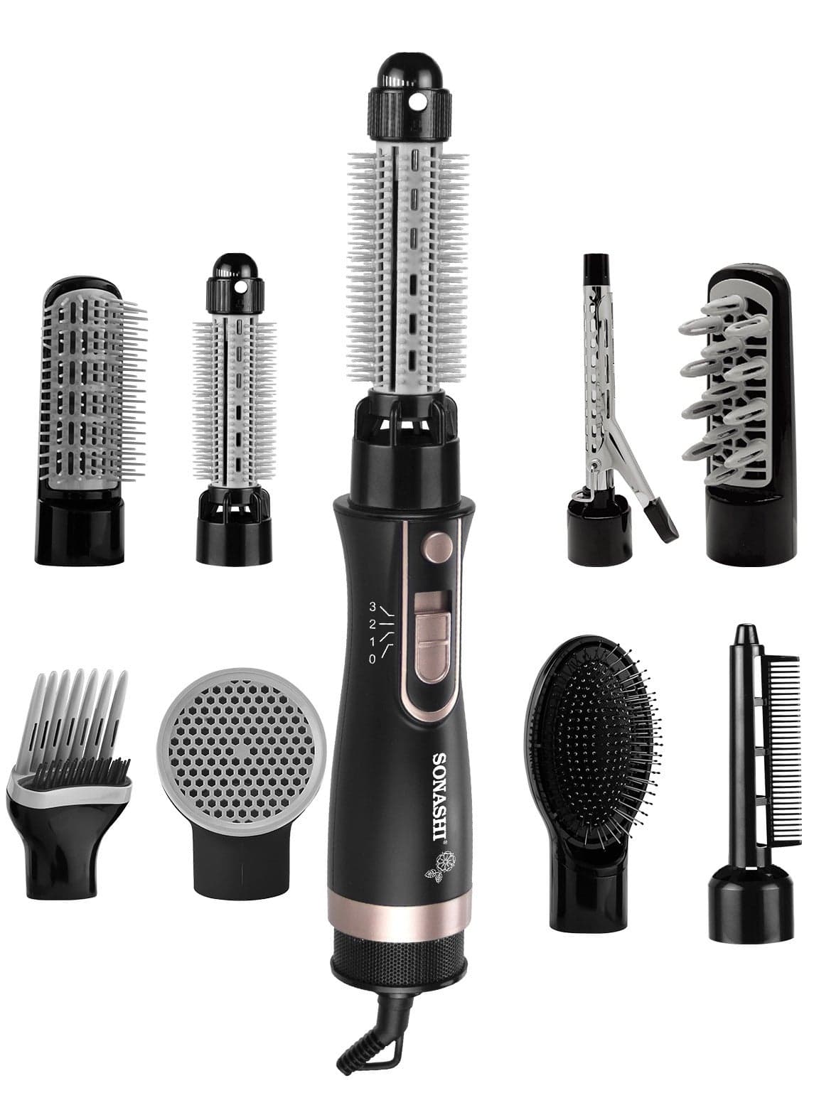 9in1 Hair Styler With Blow Brush Big And Small Roller Brush Soft Brush Clip Pipe Volume Lifter And Nozzle DC Motor With 3 Speed Temperature Setting Different Attachments SHS-2091 Black