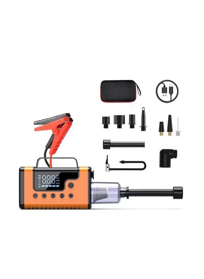 3000A Jump Starter with Air Compressor, Power Bank, LED Light & Built-in Vacuum – Multifunctional Emergency Car Starter 12V | CE Certified All-in-One Device with 150 PSI Compressor, Power Bank, LED SOS Light, and Mini Vacuum | Portable Car Booster for SUV, Truck & Motorcycle | Smart Protection System, Fast Charging USB/Type-C Ports | Works in Extreme Cold -30°C | Perfect for Car Maintenance, Road Trips, and Outdoor Use