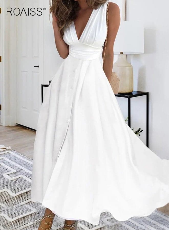 Women Maxi Dress with Fitted Waist Design, V Neck Sleeveless Dress, Stylish Elegant Frock for Ladies, Perfect for Daily Wear and Outdoor Activities