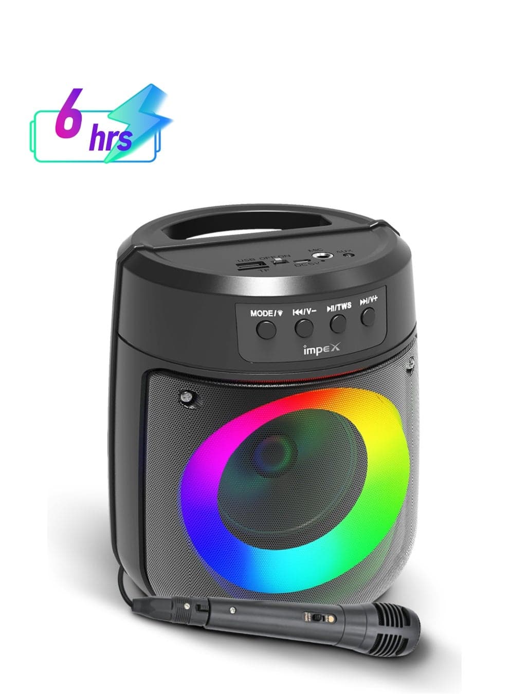 Portable Bluetooth Speaker, 500W PMPO, 4" Wireless Speaker with Magic Ring Light, 1200mAh Battery, Bluetooth 5.1, USB/Micro SD/AUX/FM/MIC/TWS, Type-C Charging, Wired Mic, 10m Range, Black - TS 1106 Black