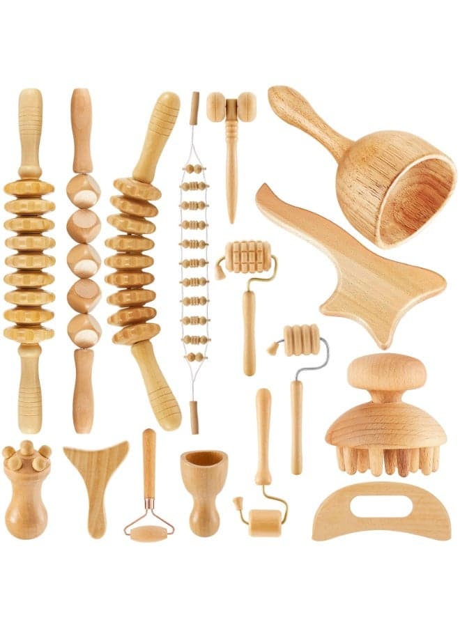 BOAO 16-in-1 Wood Therapy Massage Tools Set Maderoterapia Kit Therapy Tools for Body Sculpting Muscle Pain Relief Lymphatic Drainage Women Face Wood Roller Fascia Massage