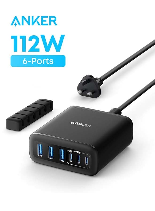 USB C Charger, 6 Port Charging Station with 112W Power, for iPhone 17/16 Series, MacBook, Galaxy, iPad, and Samsung S26/ S25/S24 (Cable Not Included) Black