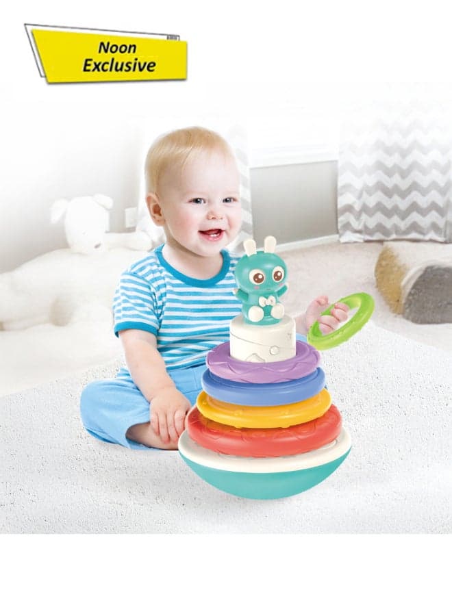 Baby Stacking Ring Toy – Rabbit Tumbler With Music, Sound & Wiggle Eyes | Colorful Textured Rings For Motor Skills | Infant Montessori Toy 6M+ | Bpa-Free, 1Pc