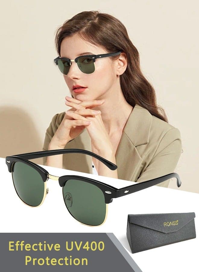 Polarized Oval Sunglasses for Men Women, UV400 Protection Sun Glasses with Metal Frame, Fashion Anti-Glare Sun Shades for Driving Fishing Traveling Cycling, Green, 50mm