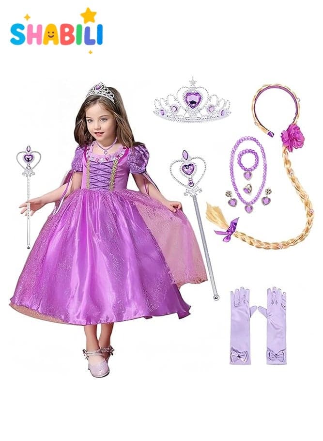 Girls Rapunzel Princess Dress Up Costume Set with Crown, Magic Wand, Braid Wig, Jewelry and Gloves, Long Purple Princess Dress for Birthday Party, Halloween Cosplay and Role Play for Girls 4–12 Years