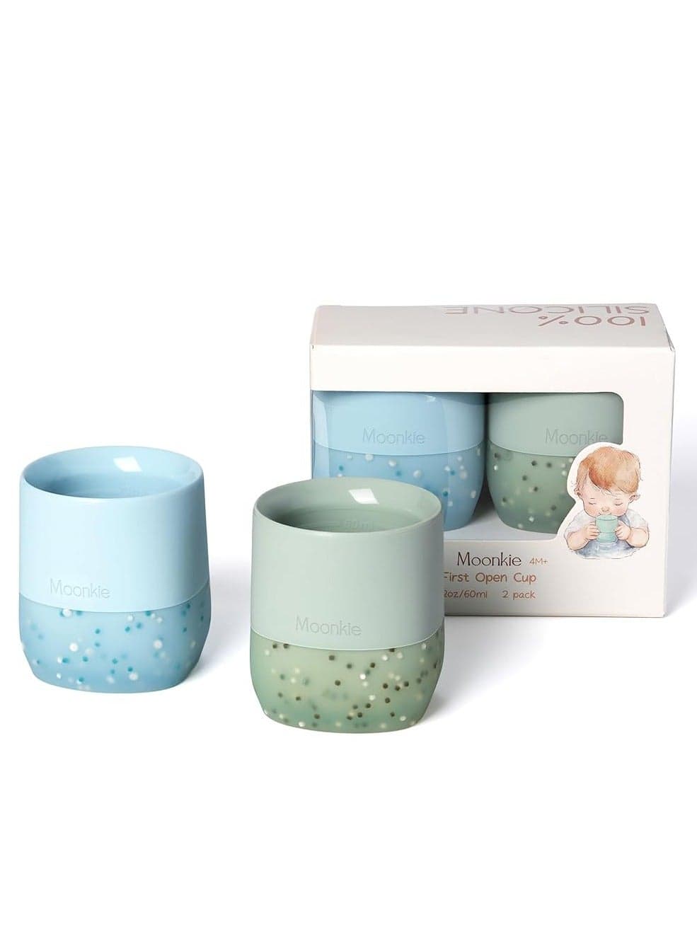 Moonkie Silicone Baby Cups 4 Months+ | Open Training Drinkware for Infants with Confetti Sprinkles | Baby-Led Weaning Essential | 2 oz (Ether/Mint, 2 Pack)