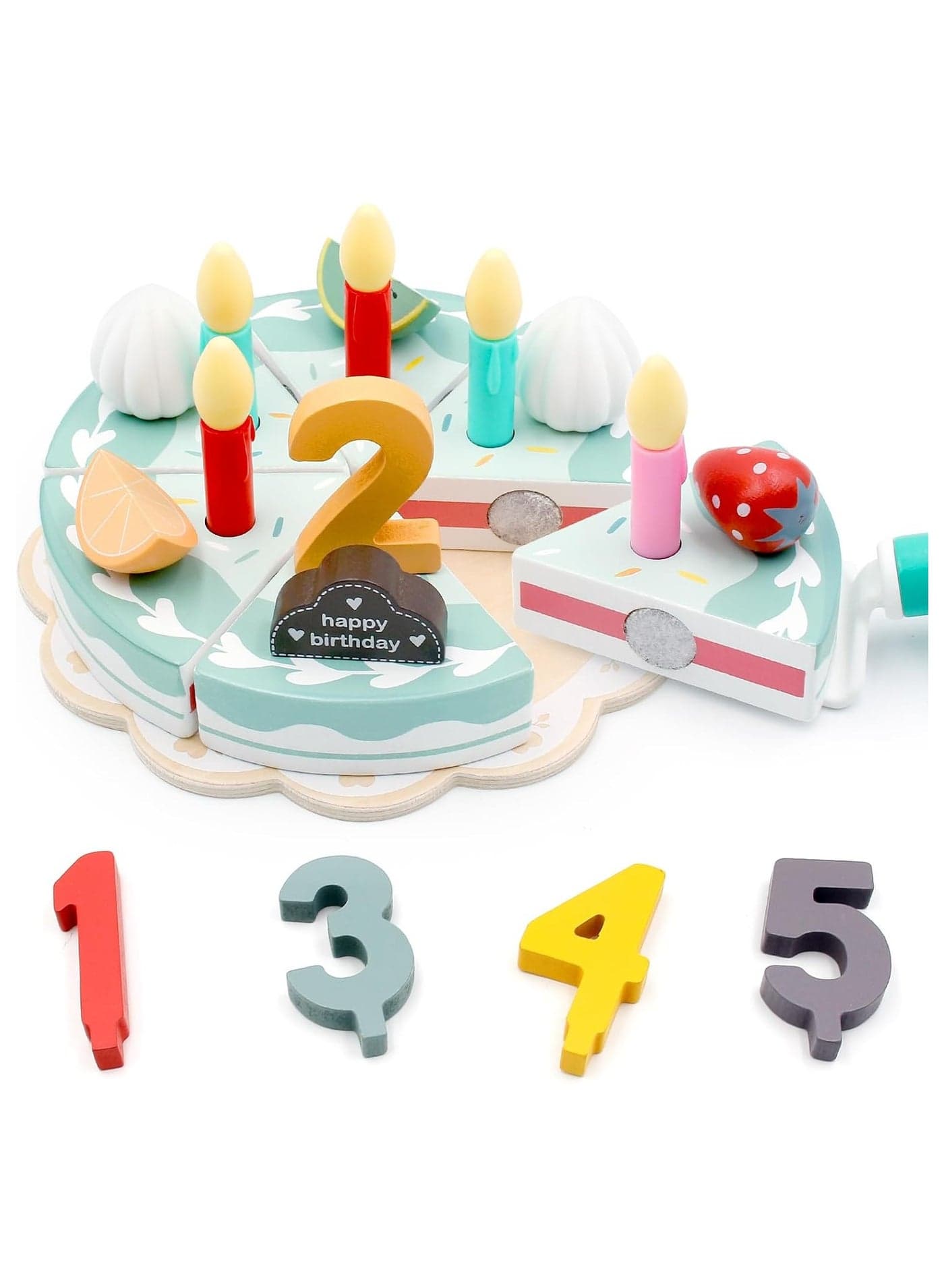 Wooden Birthday Cake for Kids, Fake Cake Tea Party Set Pretend Play Toy Kitchen Accessories, Wooden Cake Set, Gift for 3 4 5 6 Year Old Boys Girls Birthday Christmas