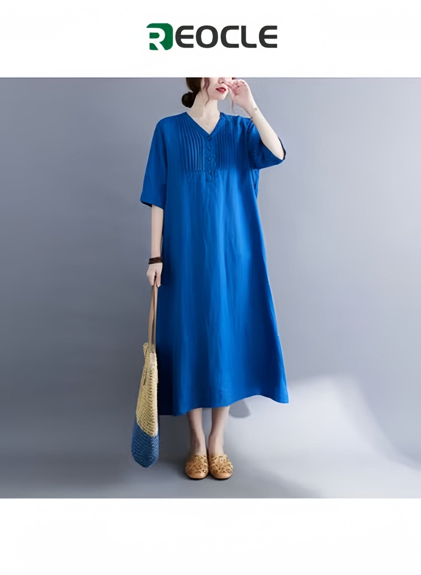 Womens Dress Summer Cotton Linen Half Sleeve Dress Casual V-Neck Loose Long Dress Fashion Midi Dresses with Pockets V Neck Beach Dress Chic Party Dress