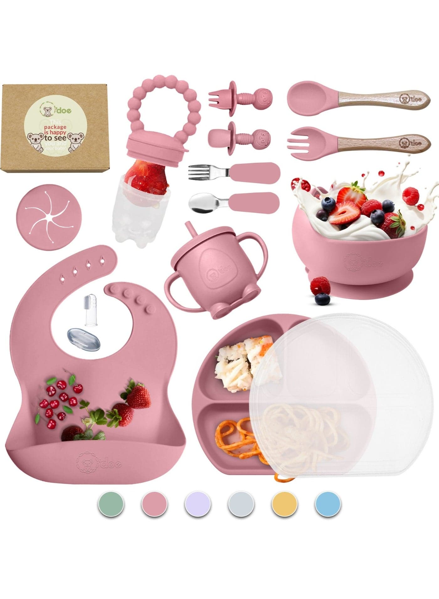 Baby Led Weaning Feeding Supplies for Toddlers, O'doe Baby Feeding Set | Suction Silicone Baby Bowl-Self Eating Utensils Set with Spoons, Bibs, Toddlers Spoon Set | Infant Food Plate Kit | Set of 17