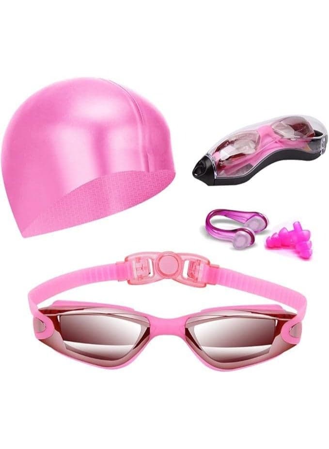 Pink Swimming Goggles & Silicone Swim Cap Set for Adults | UV Protection Anti-Fog Waterproof Lenses | With Nose Clip & Earplugs