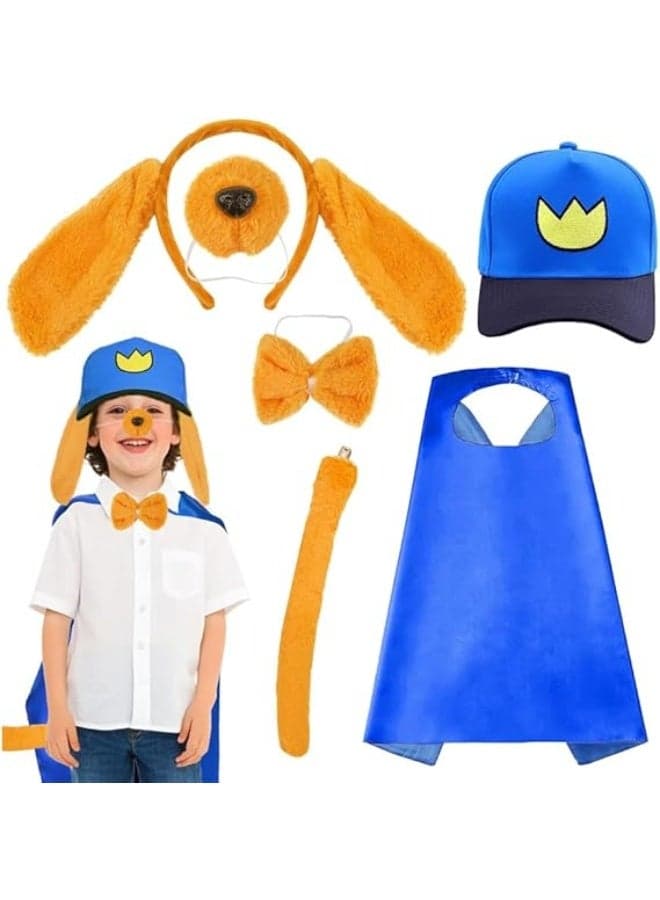 6Pcs Dog Hero Costume for Kids – Puppy Role Play Dress-Up Kit with Hat, Dog Ear Headband, Nose, Tail, Bow Tie & Superhero Cape – Cosplay Halloween Birthday Party Outfit