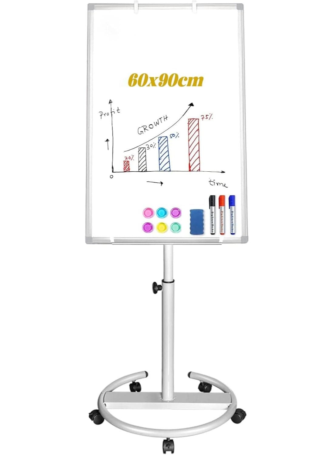 Mobile Whiteboard,90x60cm Stand Magnetic Dry Erase Board, Chart Easel Board with Adjustable Height,Suitable for Office,Home, Classroom