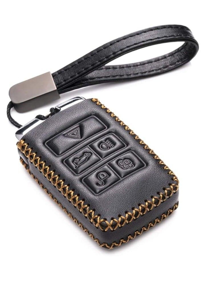 Genuine Leather Smart Key Fob Case Cover Protector – Compatible with Land Rover Discovery & Range Rover 5-Button – Black with Leather Key Chain