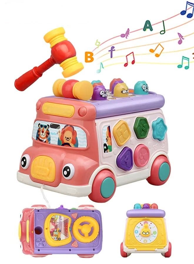 Pull-Along Smart Bus Toy - 6-in-1 Pounding & Sorting Activity Cube | Educational Toddler Toy for Boys & Girls Ages 3+ Birthday Gift with Lights & Music (Pink Purple)