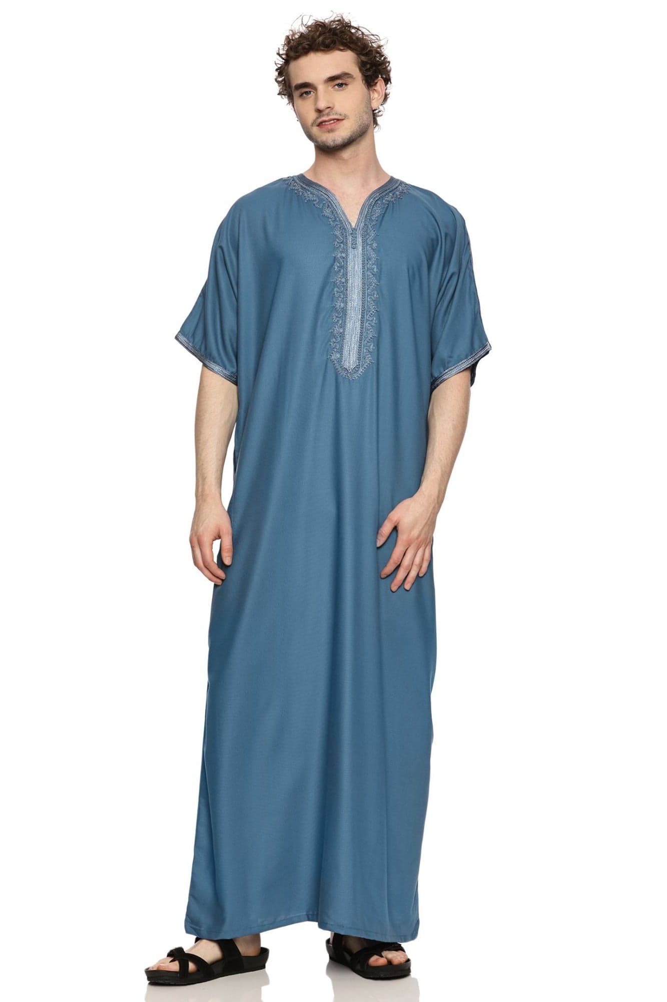 Moroccan Men's Thobe | Embroidered Half Sleeve Kaftan | Round Neck Magribi Jalabiya For Mens | Comfortable Islamic Thobe for Daily Wear