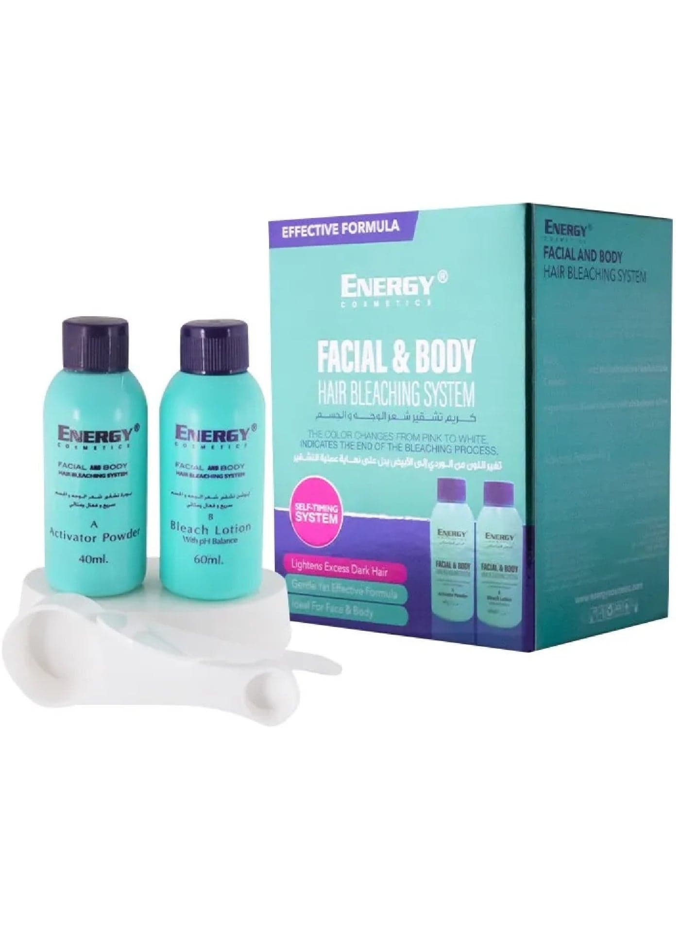Energy Cosmetics Facial & Body Hair Bleaching System, Effective Skin-Friendly Formula, 40ml Activator + 60ml Bleach Lotion