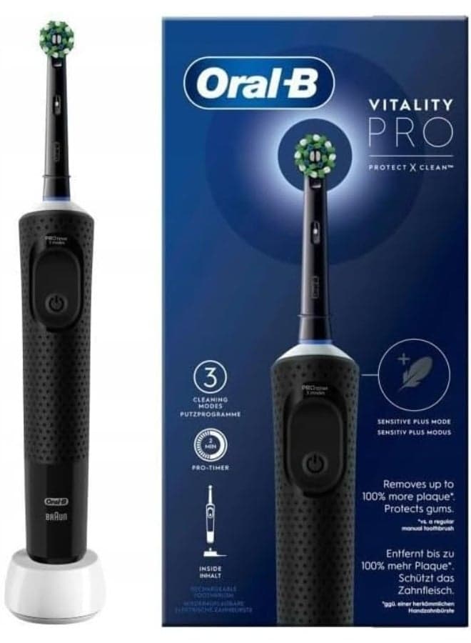 Oral B Vitality Pro, Rechargeable Toothbrush with CrossAction Brush Head, 3 Cleaning Modes & 2 Minutes Built-in Timer - Black