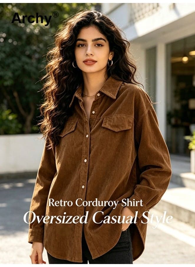 Long Sleeve Women Blouse Autumn Solid Shirt And Blouses Corduroy Street Tops Casual All-match Young Mid-length Turn-Down Collar Single Breasted Female Clothing