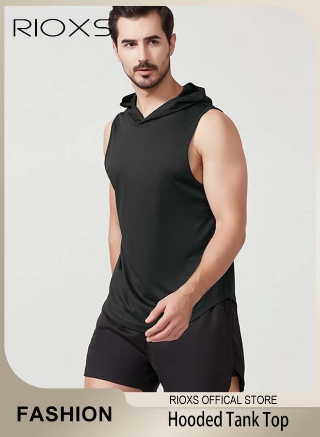 Men's Workout Hooded Tank Top Sleeveless Bodybuilding Muscle Shirts Gym Hoodies Tops