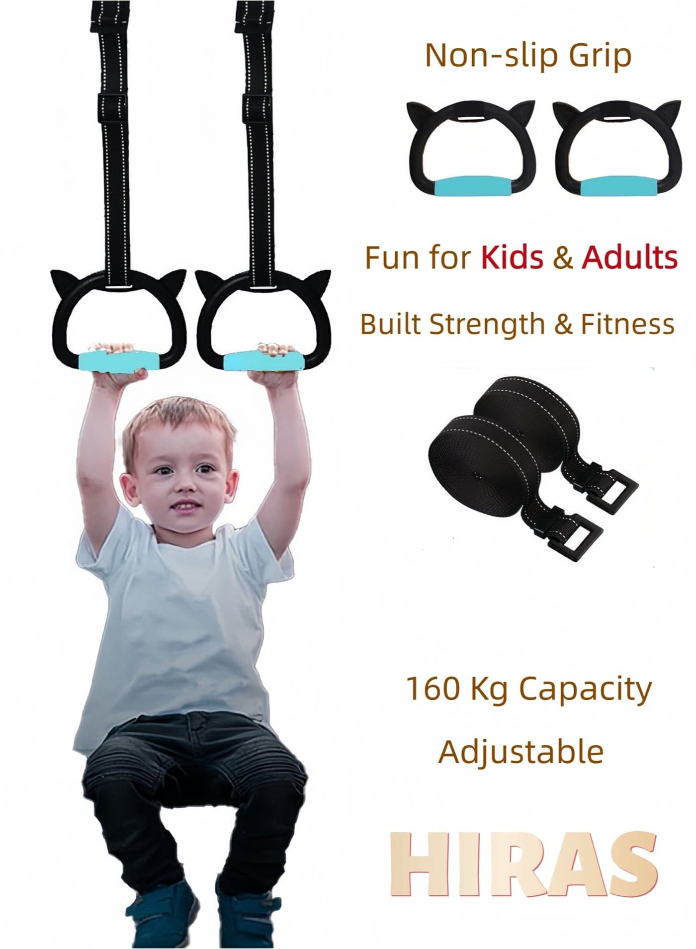 Adjustable Gymnastics Rings for Kids & Adults, Non-Slip Pull Up Rings with 160kg Capacity, Indoor Outdoor Home Fitness Equipment for Stretching and Height Training (Blue, 200cm)