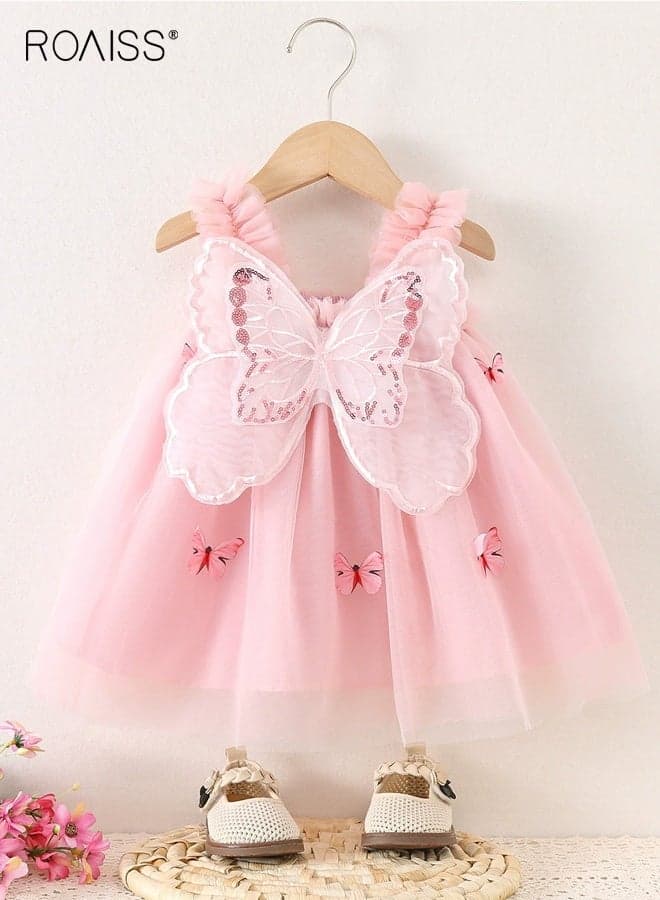 Girls Tulle Dress with Butterfly Wings Design, Sleeveless Round Neck Dress with Lining, Stylish Chic Frock for Girls, Summer A-line Dress with Butterfly Patterns, Suitable for Daily Wear, Beach, Birthday Parties, Wedding or Any Occasion
