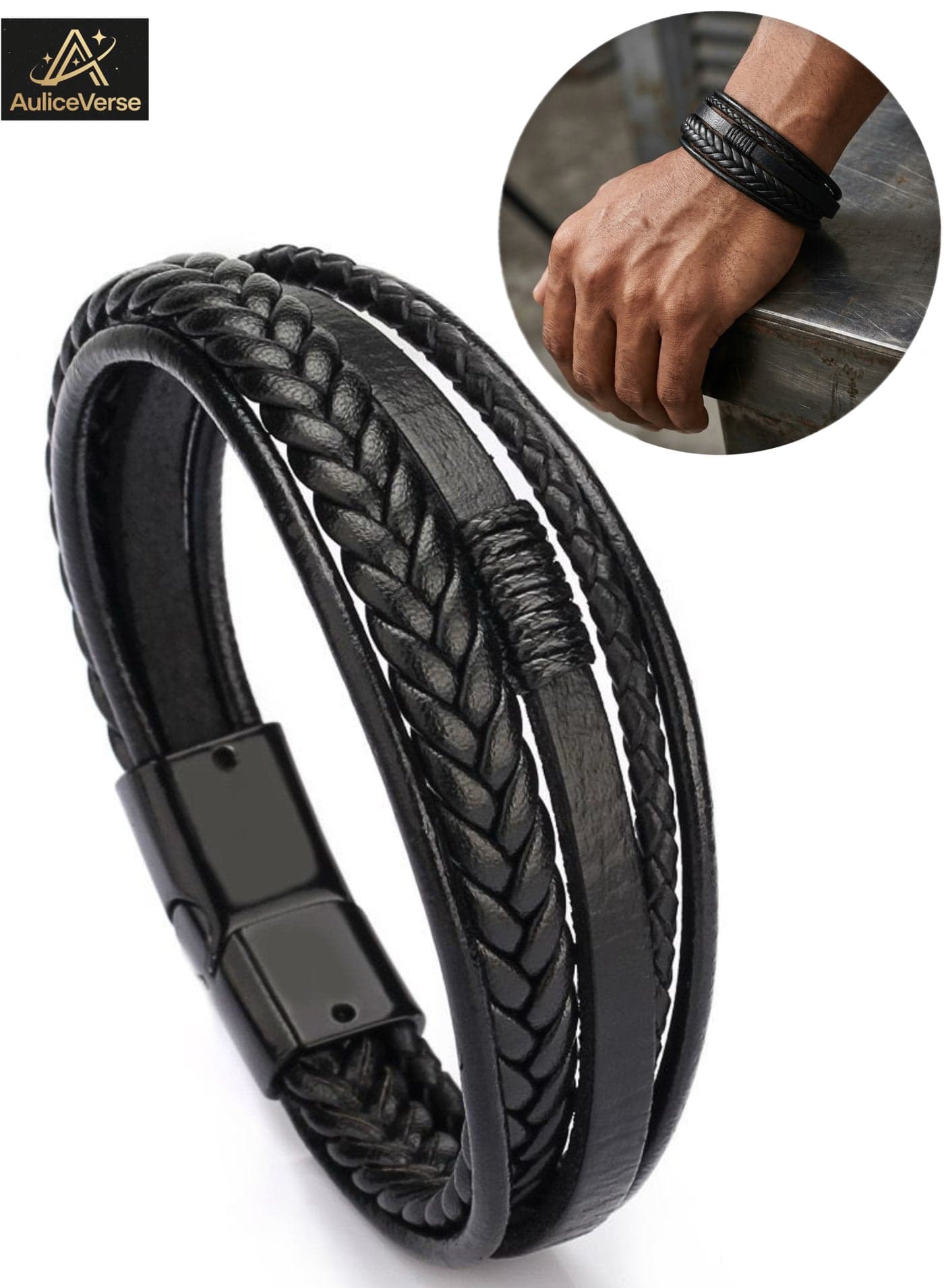 Mens Leather Bracelet with Clasp Cowhide Multi-Layer Braided