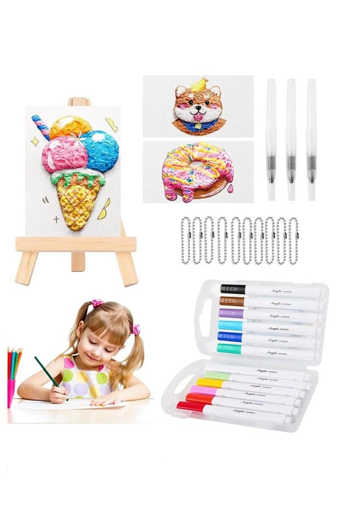 Magic Foam Texture Painting Kit, Magical 3D Effect Texture Painting Kit, Including 10 PCS Foam Texture Paper, 12 Colors Brush Tip Acrylic Paint Markers, Fountain Pen(L,M,S), 10 Bead Chains, Mini Easel