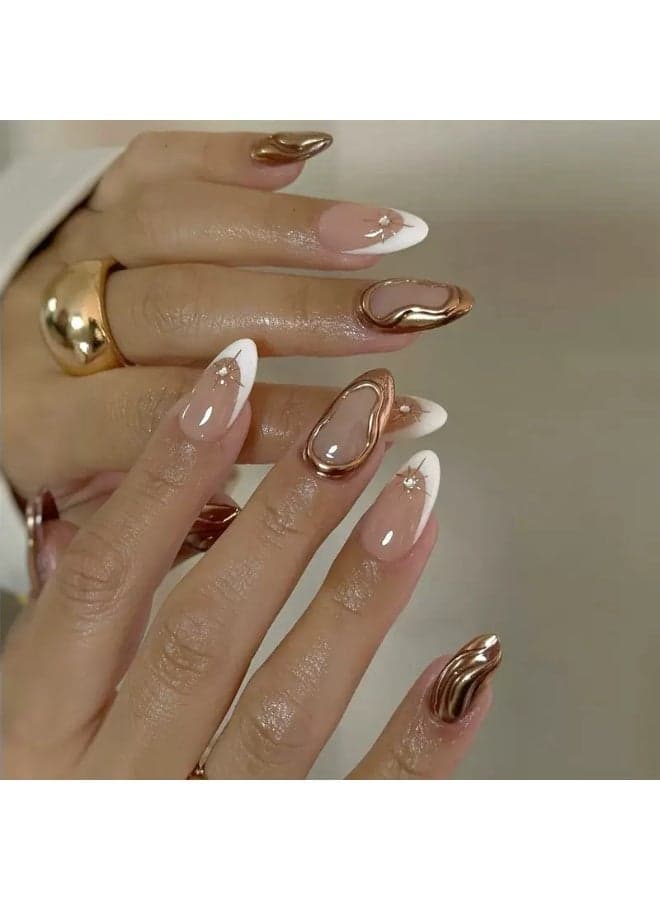 Press On False Nails 30pcs,Shorter Almond Nails In French Style With Three-Dimensional Sparkling Effect In Almond White Nails, Suitable For Beginners; Can Be Reused.Fake Acrylic Nails With Glue Kit.
