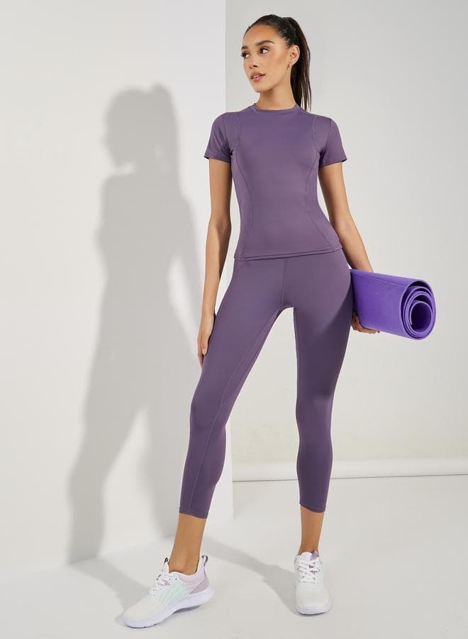 Stitch Detail Short Sleeves Top And Leggings Set