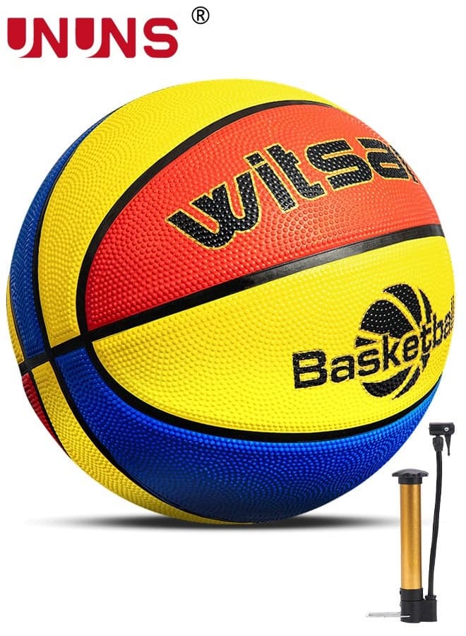 Basketball,Standard Size 5/27.5'' Basketball,Composite Leather Street Basketball,Match Training Sports Ball,Indoor Outdoor Game Match Basketball With Pump For Kids Students-Red Yellow Blue