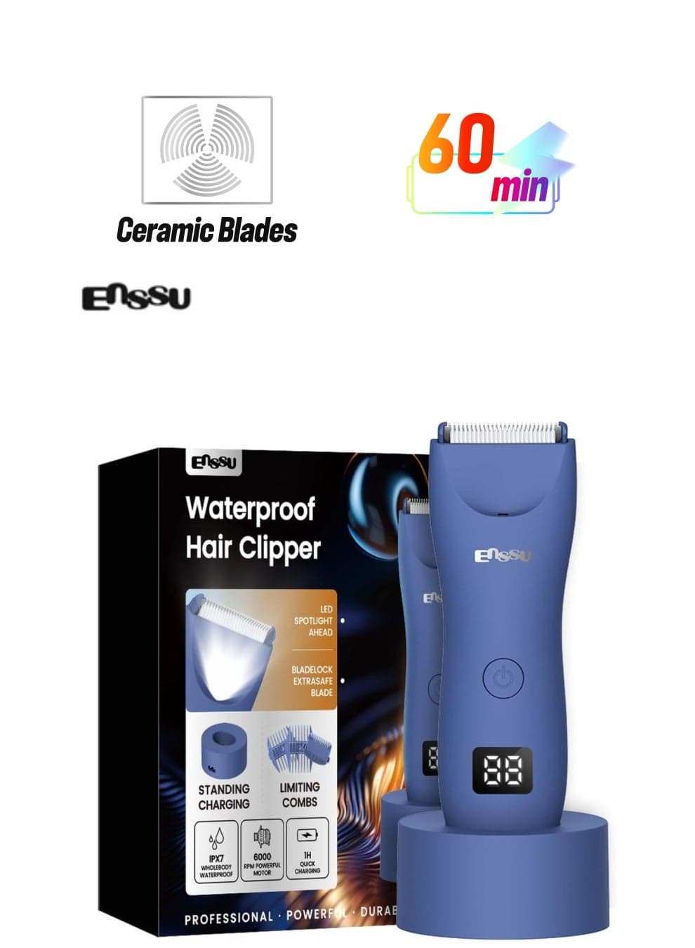 Men's Body Hair Trimmer, Waterproof Skin-Safe Ceramic Shaving Head, Electric Ball Trimmer For Beard & Chest, LCD Display, Fast Charging, Adjustable Length (Blue)